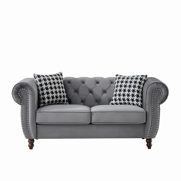 Chesterfield 3 And 2 Seater Velvet Upholstery Sofa With Roll Armrest & Nailhead Fabric Couch