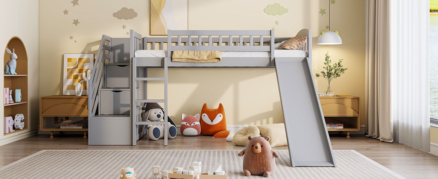 Loft Stairway Bed With 2 Drawers, Convertible Ladder And Slide