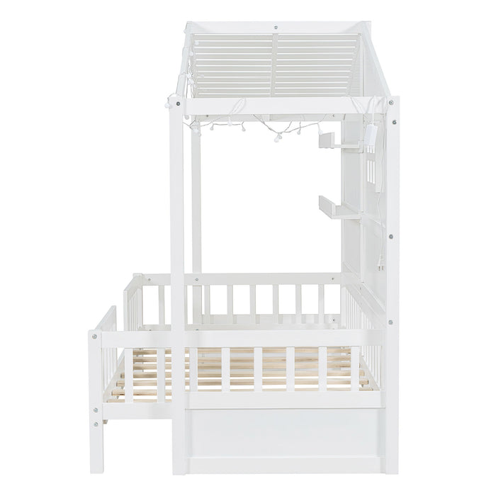 House Bed With Shelves, Window And Sparkling Light Strip On The Roof