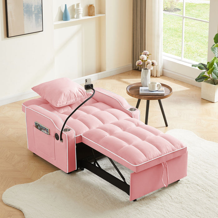 Convertible Velvet 3 In 1 Sofa Bed With Adjustable Sleeper Chair And Multi Pockets
