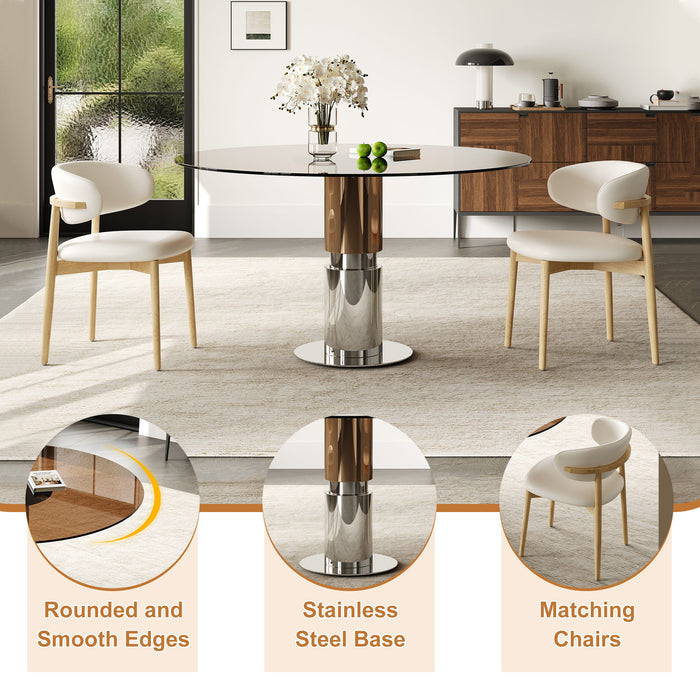Round Dining Table & Tempered Glass Top - Brown