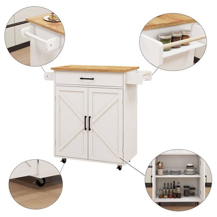 Kitchen Island Rolling Trolley Cart With Adjustable Shelves & Towel Rack & Seasoning Rack Rubber Wood Table Top - White