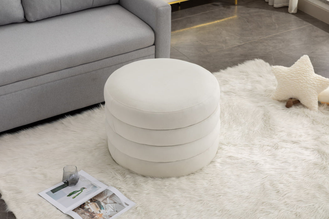 Velvet Fabric Storage Round Ottoman Footstool With Wooden Shelving, Ivory