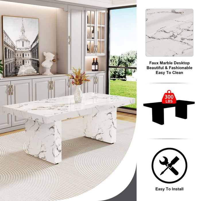 One Piece Of White MDF Material With Patterns On The Dining Table 6 PU Synthetic Leather High Backrest Cushioned Side Chairs With C-Shaped Silver Metal Legs