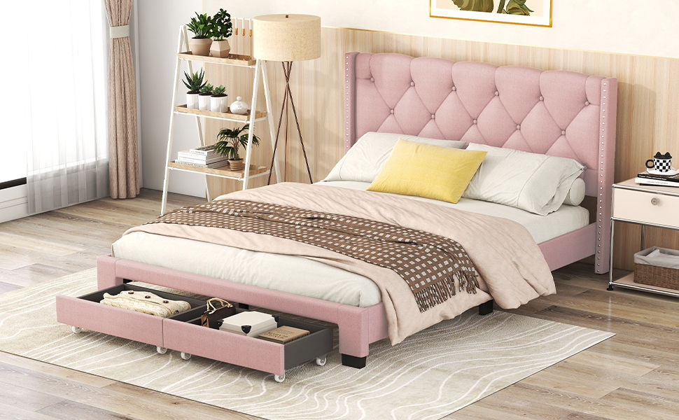 Queen Size Storage Bed Linen Upholstered Platform Bed & Two Drawers - Pink