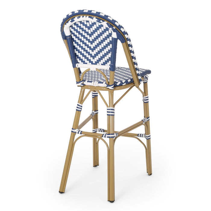 Outdoor Rattan French Barstool Set,, Bamboo, Seat Height - Navy Blue / White