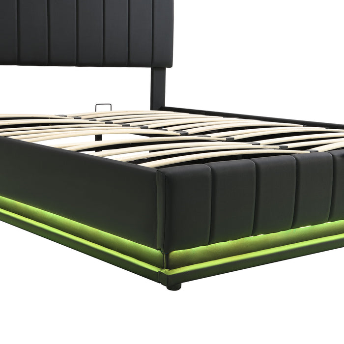 Upholstered Bed With Hydraulic Storage System And LED Light, With Sockets And USB Ports