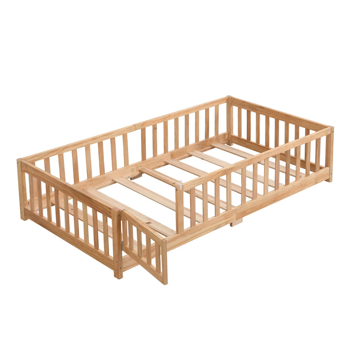 Solid Wood Floor Bed With Door And Fence For Children