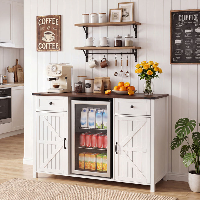 Coffee Bar With Mini Fridge Space & Built In Charging Station, Large Bar Cabinet With Drawers & Adjustable Shelves For Kitchen - White