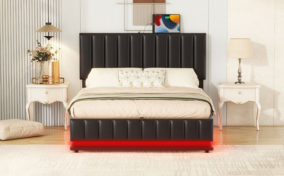 Upholstered Bed With Hydraulic Storage System And LED Light, With Sockets And USB Ports