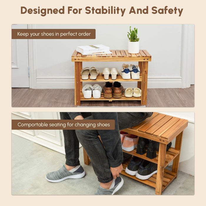 Shoe Rack Bench, 2 Tier Organizer For Entryway - Acacia Wood