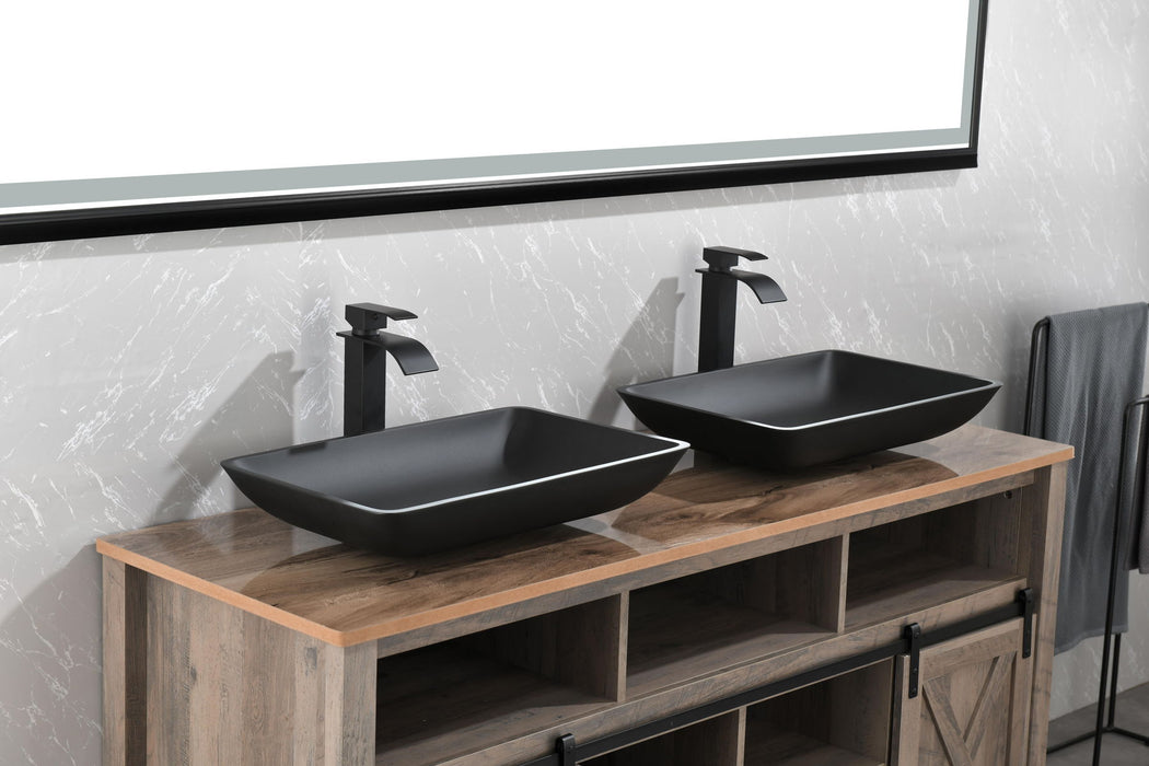 Matte Shell Glass Rectangular Vessel Bathroom Sink In Black With Faucet And Pop - Up Drain In Matte