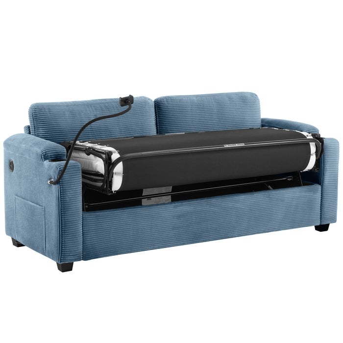 Corduroy Sleeper Sofa Loveseat Sofa With Full Size Mattress, 2 USB Ports, 2 Cup Holders, 2 Side Pockets And Phone Holder