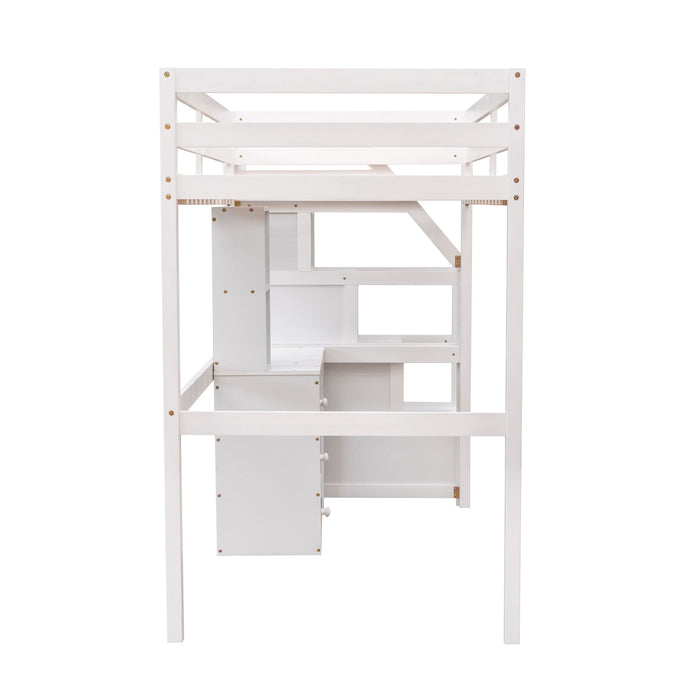 Loft Bed With Stand Alone Bed, Storage Staircase, Desk, Shelves, And Drawers