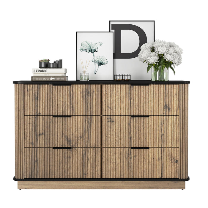 Modern 6 Drawer Cabinet With Metal Rounded Corners And Exquisite Handles Multi Functional Storage - Natural Wood