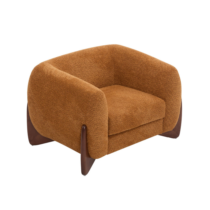 Modern Upholstered Boucle Arm Chair With Tuxedo Design And Triangular Legs