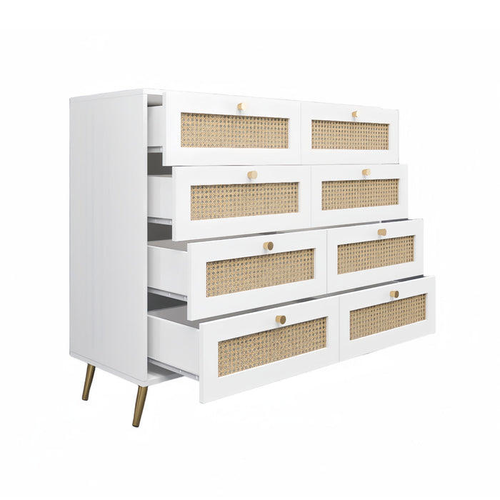 8 Drawers Chest Of Drawers With Rattan Drawer Face Golden Legs And Handles - White