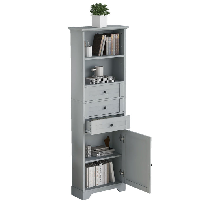 Grey Tall Storage Cabinet With 3 Drawers And Adjustable Shelves For Bathroom, Kitchen And Living Room, MDF Board With Painted Finish