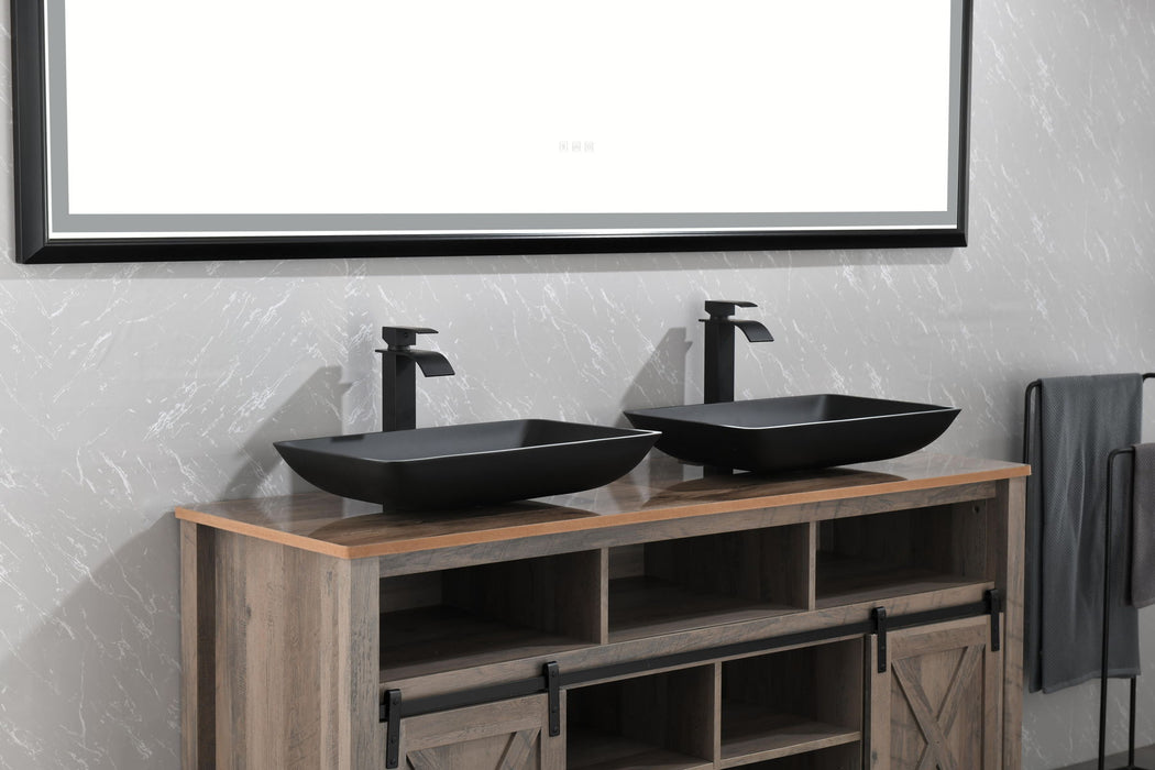 Matte Shell Glass Rectangular Vessel Bathroom Sink In Black With Faucet