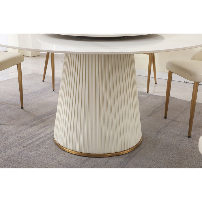 Modern Sintered Stone Dining Table With Round Turntable, Wood And Metal Pedestal, 8 Chairs - White