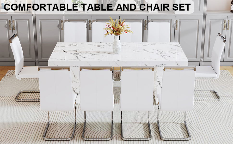One Piece Of White MDF Material With Patterns On The Dining Table 10 PU Synthetic Leather High Backrest Cushioned Side Chairs With C-Shaped Silver Metal Legs