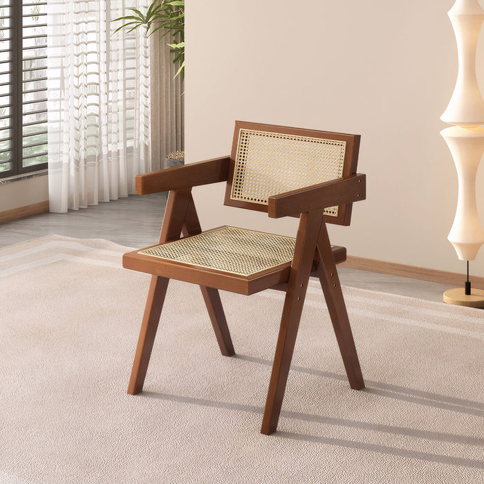Modern Mid Century Dining Chairs (Set of 2), Rattan Accent Chairs, Comfy Armchairs, Outdoor Wood Chairs With Armrest - Walnut