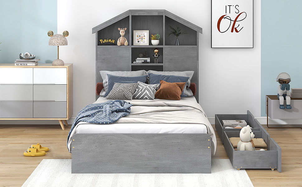 Twin Size Wood Platform Bed With House Shaped Storage Headboard And 2 Drawers, Gray