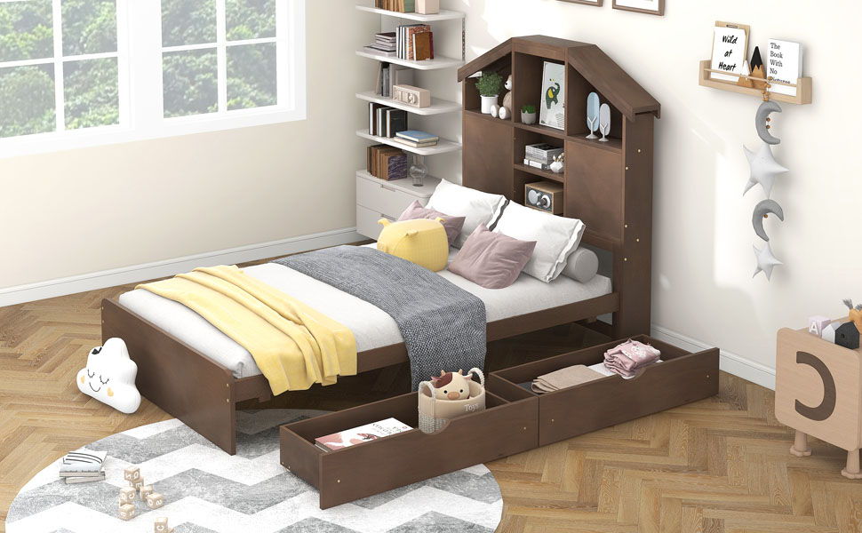 Twin Size Wood Platform Bed With House Shaped Storage Headboard And 2 Drawers, Walnut