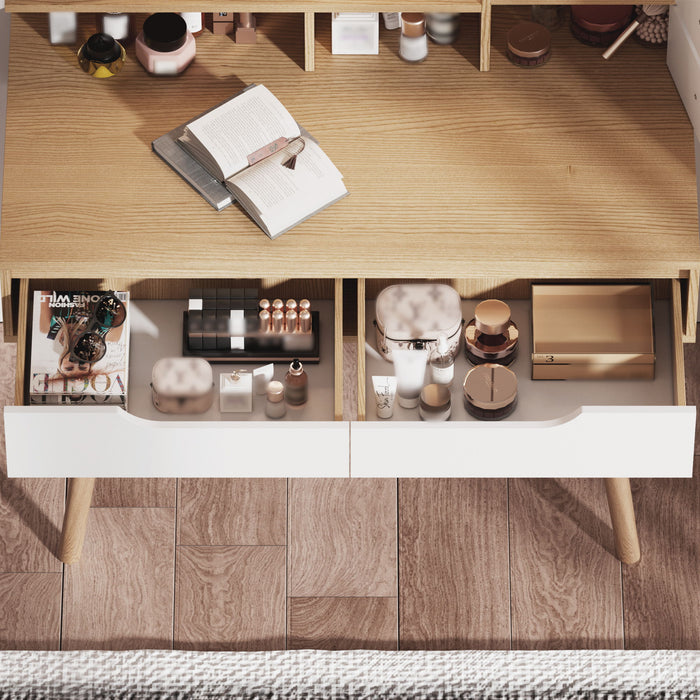 Elegant Makeup Vanity Desk With Adjustable Lighted Mirror Table Feet - American White Oak