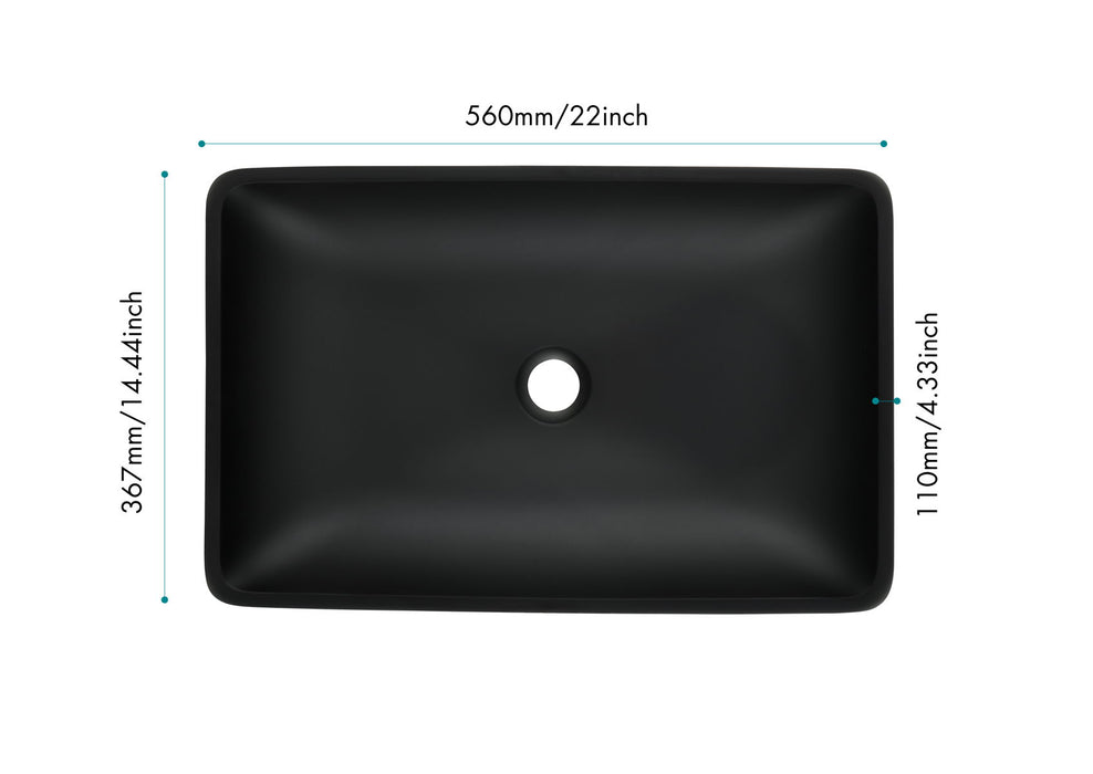 14.38"-22.25"-4-3/8 Inch Matte Shell Glass Rectangular Vessel Bathroom Sink In Black With Faucet And Pop-Up Drain In Matte Black