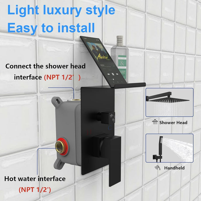 Rainfall Shower System With Storage Rack 10" Shower Faucet Set Matte Black With High Pressure With Square Shower Head Luxury Shower Set Wall Mount