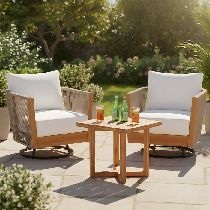 2 Swivel Chairs With Slat Top X Stretcher Side Table - Acacia Wood / Beige