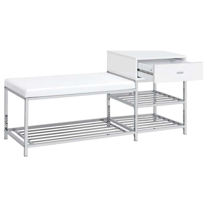 Siega 1-Drawer Shoe Storage Entryway Bench White High Gloss and Chrome