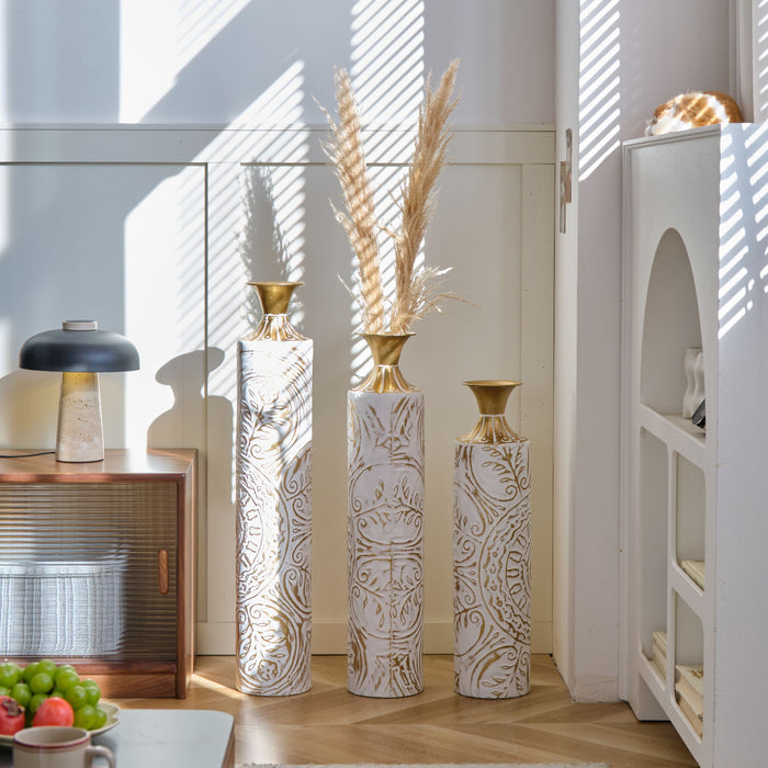 Floor Metal Vases Decorated Metal Vases (Set of 3) Gorgeous Home Decoration Large Glazed Metal Vases - White / Gold