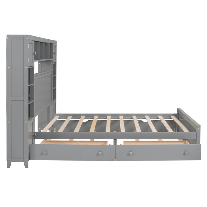 Queen Size Wooden Bed With All In One Cabinet, Shelf And Sockets, Gray