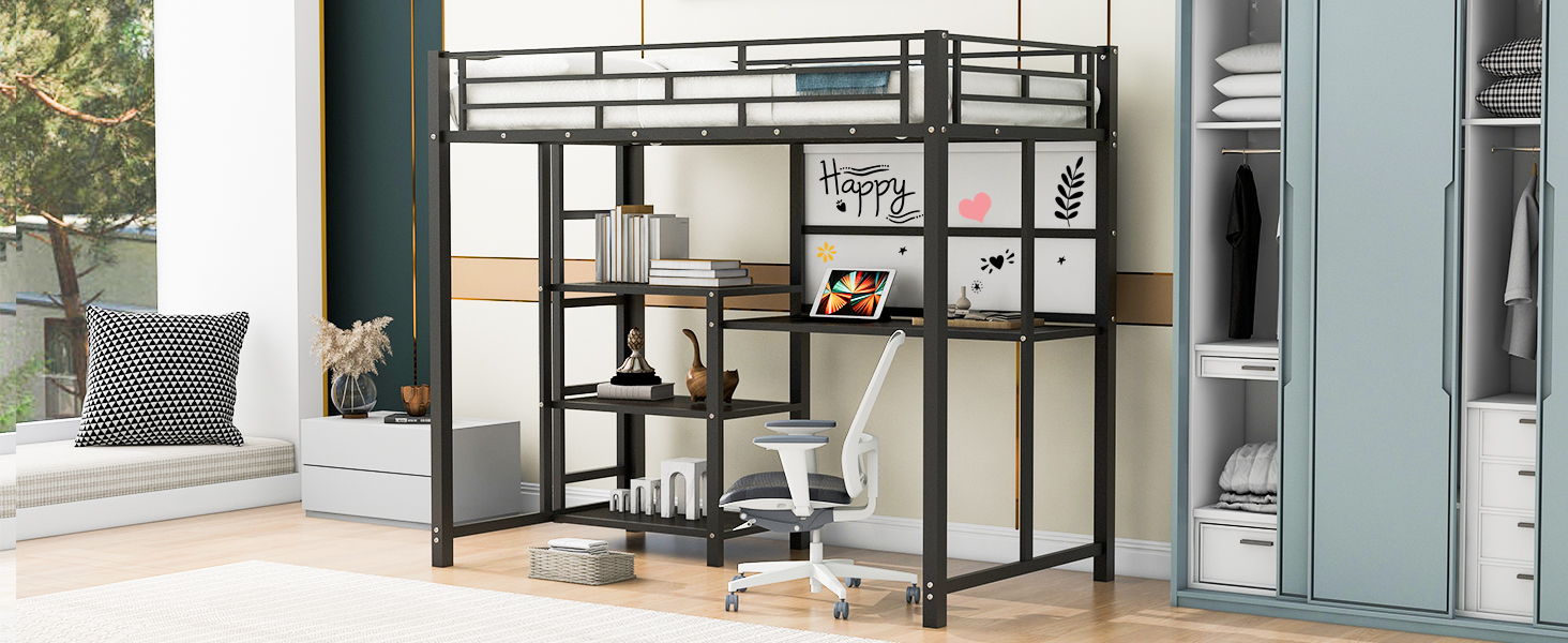 Metal Loft Bed With Desk, 3 Shelves And Ladder