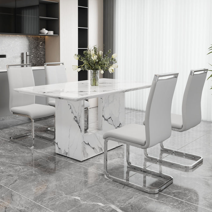 A Simple Dining Table. A Dining Table With A White Marble Pattern. 4 PU Synthetic Leather High Backrest Cushioned Side Chairs With C-Shaped Silver Metal Legs