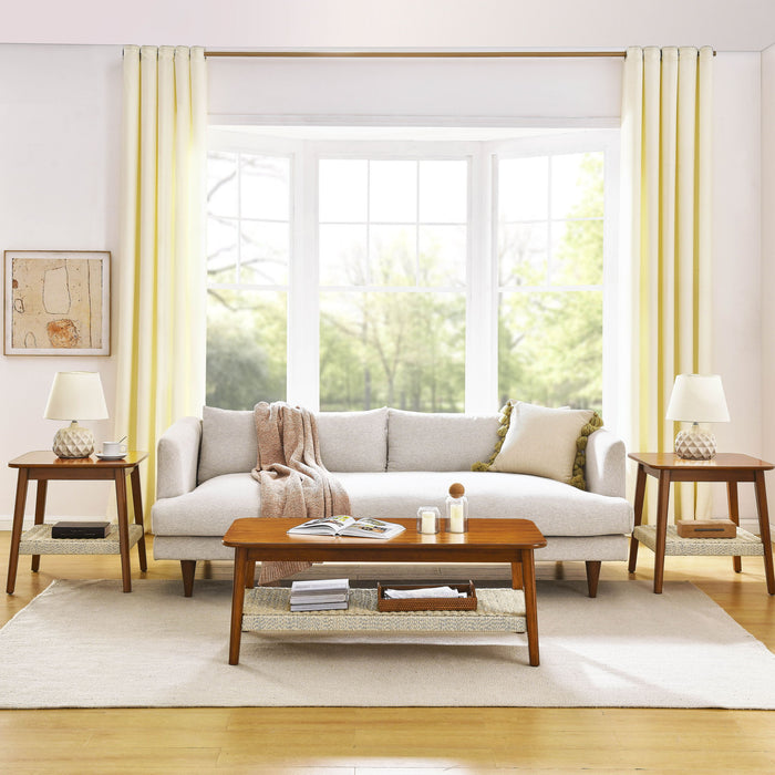 Mid - Century Square Side Table With Woven Shelf - Walnut