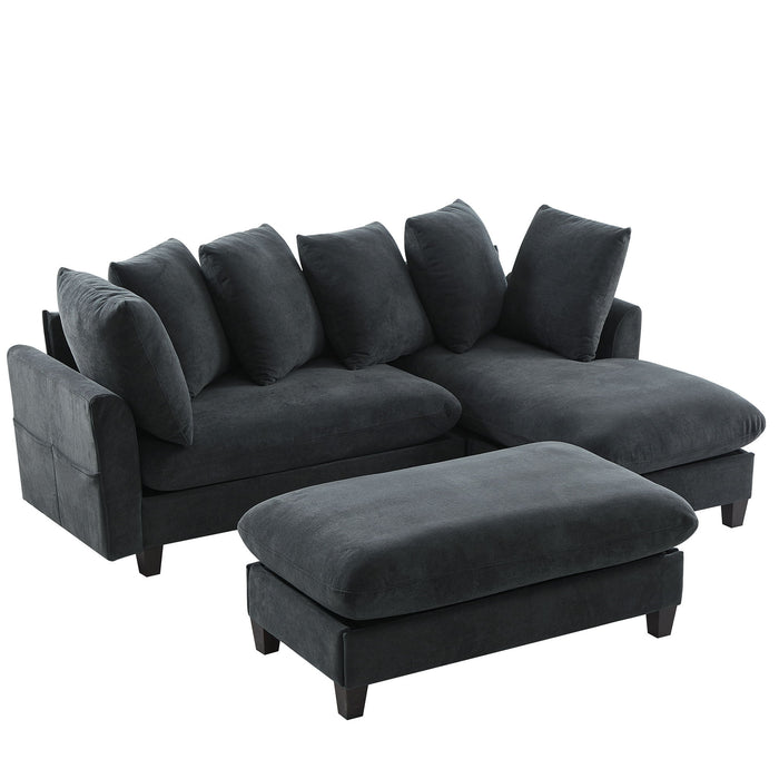 Upholstered L Shaped Sectional Sofa With Storage, Movable Ottoman, And 6 Throw Pillows