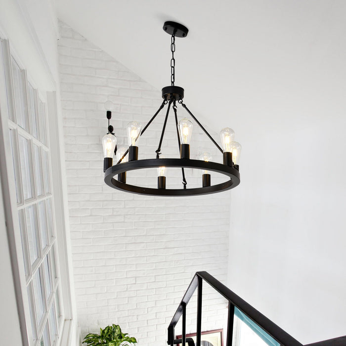 6 Light (No Bulbs) Wagon Wheel Chandelier Farmhouse Modern Small Round Chandelier For Living Room Kitchen Island Foyer Hallway Entryway Bedroom Dining Room Light Fixture Ceiling Hanging - Matte Black