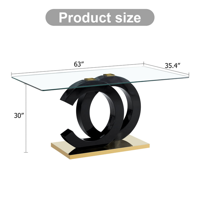 Large Modern Minimalist Rectangular Glass Dining Table, Suitable For 6 - 8 People, Equipped With 0.39 " Tempered Glass Tabletop, Black MDF Oc Shaped Bracket And Metal Base, Suitable For Kitchen
