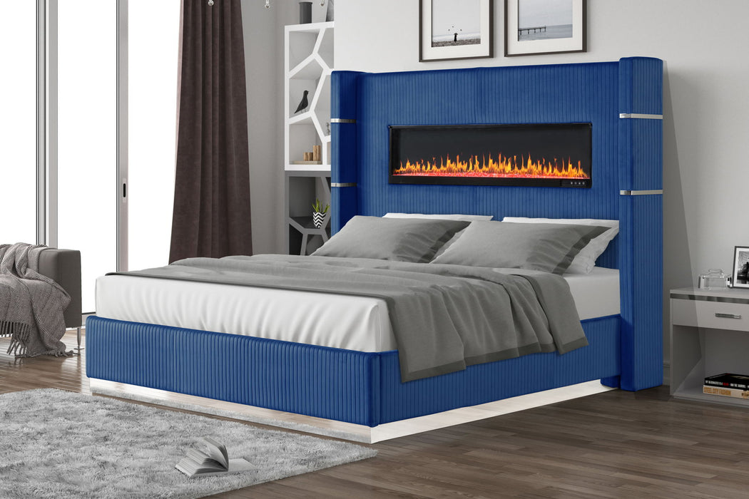 Lizelle Upholstery Wooden King 5 Pieces Bedroom Set With Ambient Lighting In Blue Velvet Finish