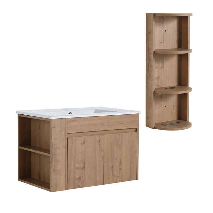 Modern Wall Mounted Bathroom Vanity With Sink And Storage Rack Soft Close Doors Plywood - Imitative Oak