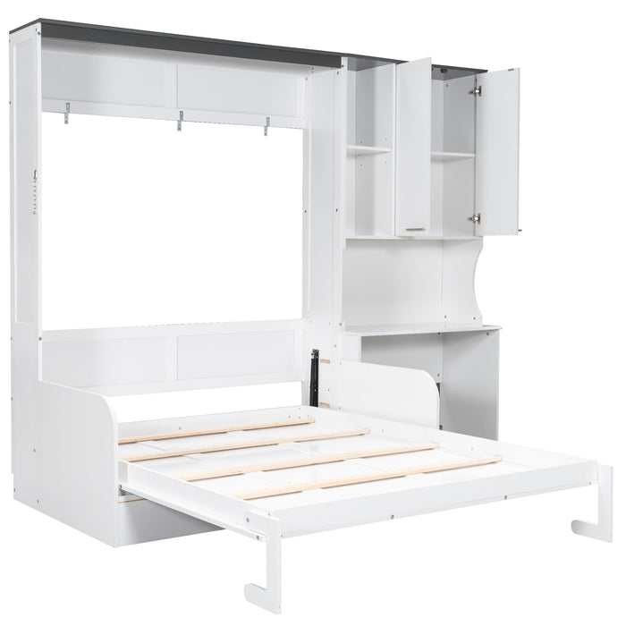 Multi Functional Murphy Bed With Sofa, Desk, And Storage Cabinet, Queen Size - White