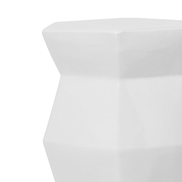 Contemporary Ceramic Drum Stool Indoor / Outdoor Side Table Glazed Accent Garden Stool - White