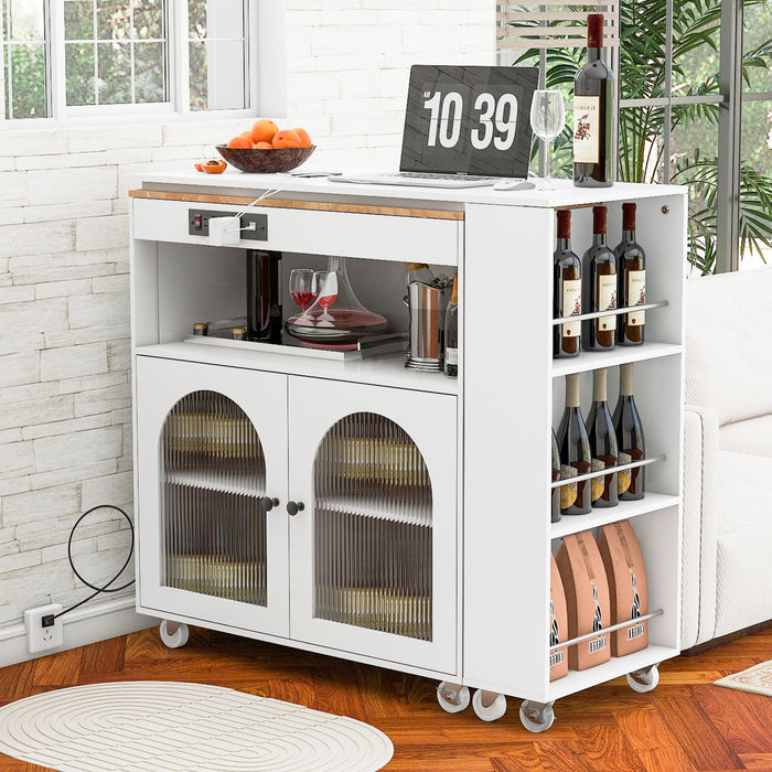 K & K Rolling Kitchen Island With Extended Table, Kitchen Island On Wheels With LED Lights, Power Outlets And 2 Fluted Glass Doors, Kitchen Island With A Storage Compartment And Side 3 Open Shelves, White