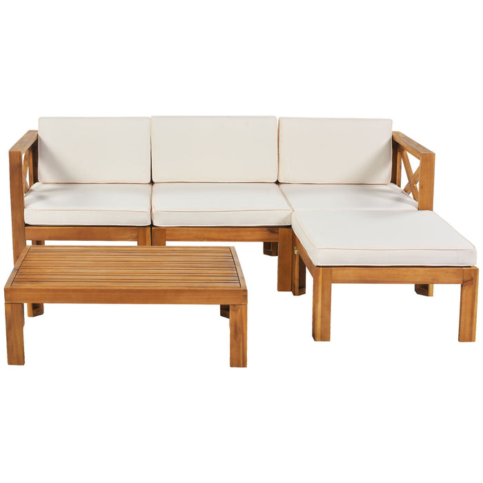 Topmax Outdoor Backyard Patio Wood 5 Piece Sectional Sofa Seating Group Set With Cushions, Natural Finish / Beige Cushions