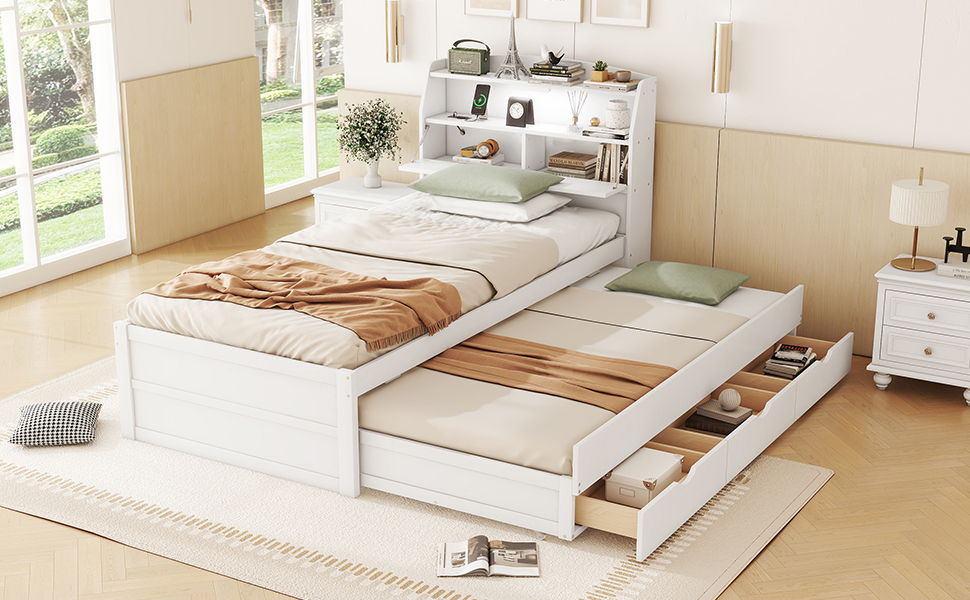 LED Platform Bed With Trundle With Storage Headboard With Drawers