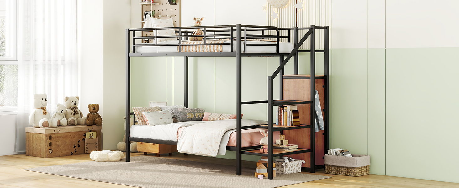 Bunk Bed With Lateral Storage Ladder And Wardrobe