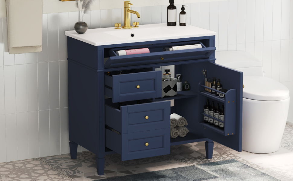 Bathroom Vanity With Top Sink, Modern Bathroom Storage Cabinet, 2 Drawers And A Tip-Out Drawer, Single Sink Bathroom Vanity - Blue